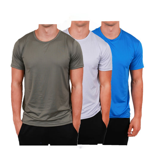 Men's Workout Short Sleeve Dry Fit Top  3 Color Set L. Bl, Oli, L. Gr